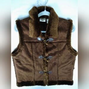 Vintage Large Brown Faux Leather Suede Fur Vest, Faux Bone/Wood/Tooth  Buttons